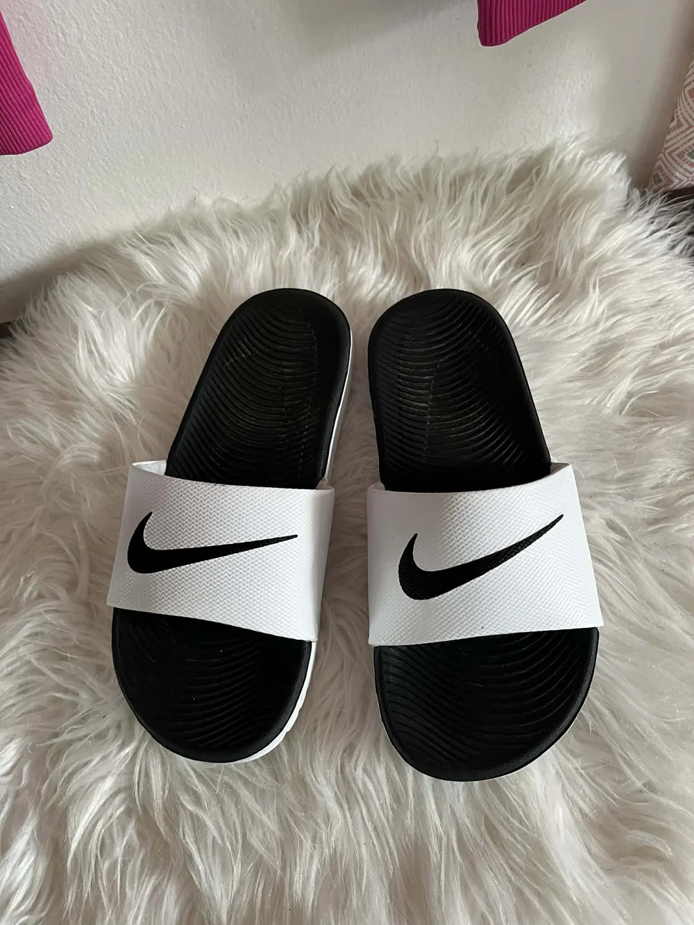 Nike Black and White Slide Sandals with Swoosh Strap